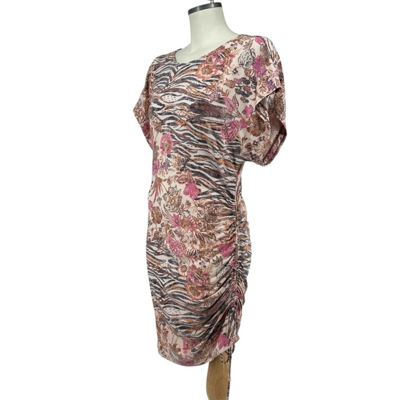 NWT Anthropologie Daily Practice Short Ruched Dress in Brown Motif Size Large - Picture 4 of 11